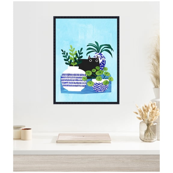 Kate and Laurel Framed Canvas Wall Art Print Blue Pots by Planet Cat, 18 x 24 Sylvie Beaded Black Frame, Whimsical, Animal Art for Wall Decor