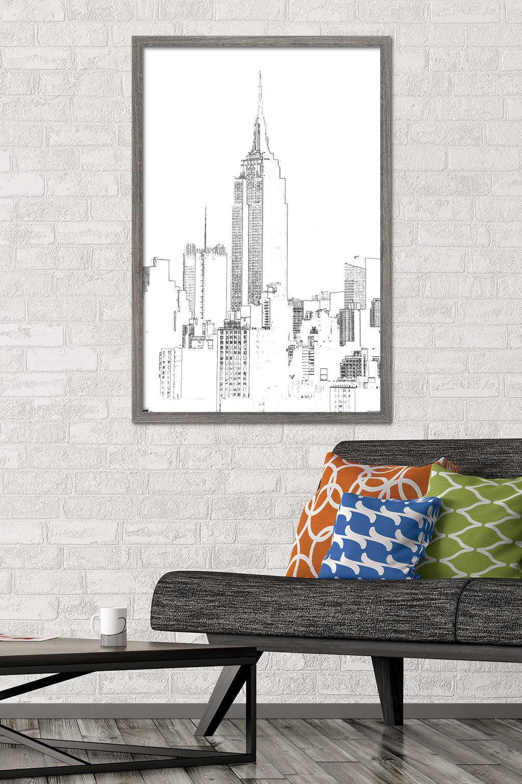 Line Art - New York Skyline Wall Poster, 22.375" x 34", Framed