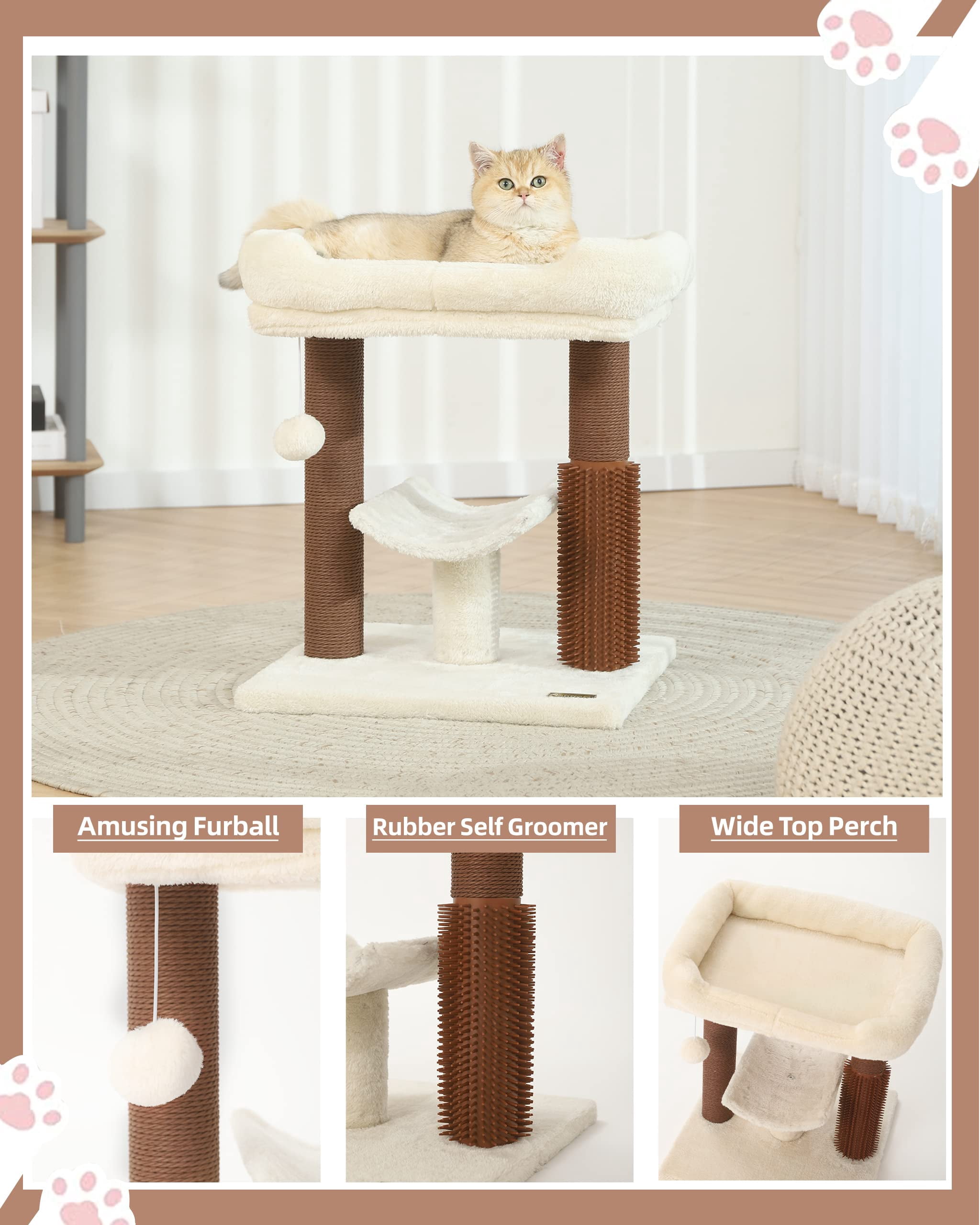 Hoopet 20" Cat Tree Tower, Scratching Post for Indoor Cats with Cozy Perch, Self Groomer & Interactive Ball,Beige