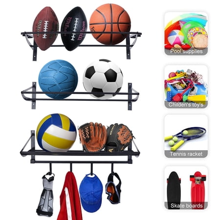 Miumaeov 3-Tier Metal Sports Equipment Storage Rack Organizer Black w/ Hooks Mutifunction