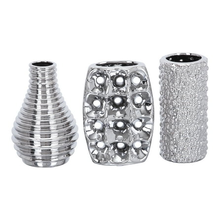 Decmode Set of Three - 8 Inch Decorative Silver Ceramic Vases,