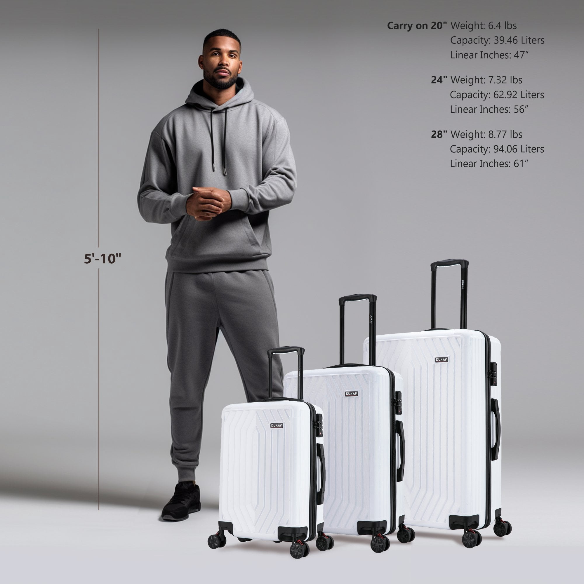 DUKAP Stratos 3-Piece Hardside Lightweight Luggage Sets with Wheels, Handle, Trolley, (20"/24"/28"), White