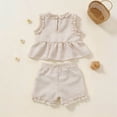 thumbnail image 5 of Amidoa Girls Summer 2 Piece Outfits Kids Ruffle Sleeve Tank Top and Shorts Casual Clothing Sets Beige Size 12, 5 of 7