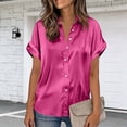 thumbnail image 4 of Women Silk Satin Button Down Shirts Short Sleeve V Neck Work Office Blouse Business Casual Tunic Tops, 4 of 6