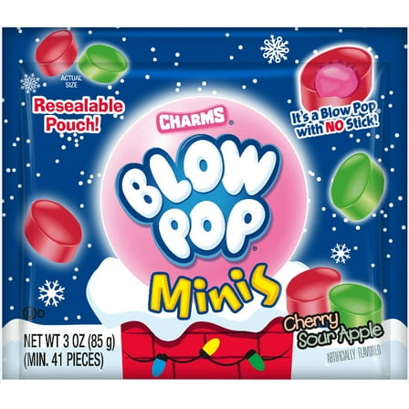Charms, Blow Pop Mini's, Holiday Cherry & Sour Apple, 3 oz. Peanut Free, Gluten Free. Milk and Soy May Be Present.