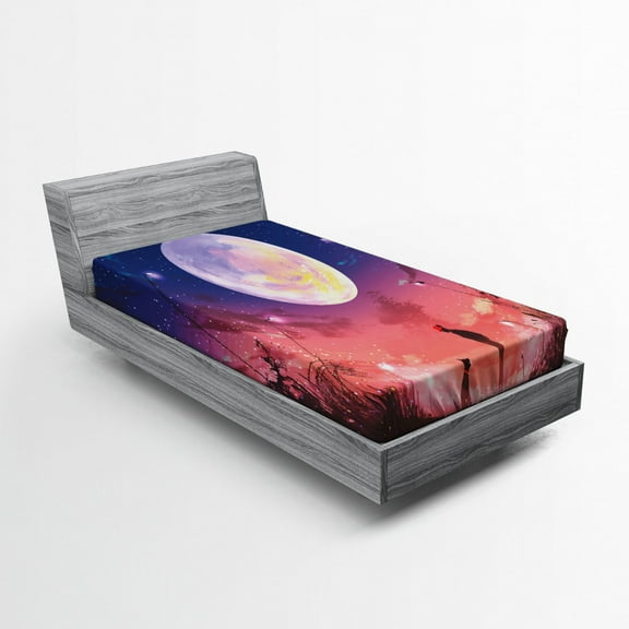 Ambesonne Fantasy Fitted Sheet, Dog Under Huge Moon, Twin XL Size, Navy Coral