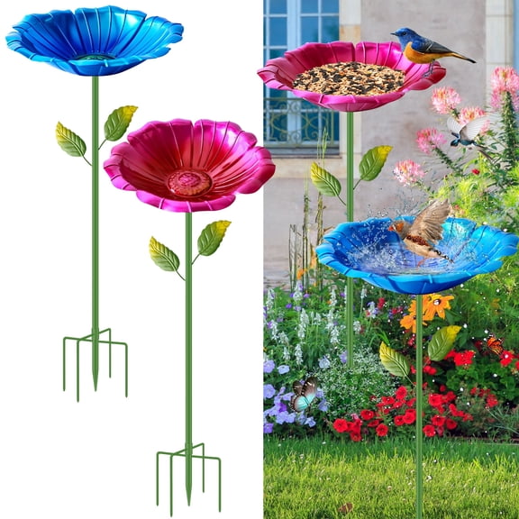 Yalumo 31.5" Bird Bath for Outside, 2 Pack Metal Bird Bath for Outdoors with Detachable Stake and 5-Pronged Base, Vintage Freestanding Flower Shape Bowl Birdbaths Birdfeeder for Garden Yard Lawn
