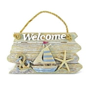 Puzzled Vintage Nautical Wooden Welcome Front Door Sign, 9.75" x 5.5" Decorative Rope Handle Ornament Plaque Sailboat Starfish Anchor Indoor Outdoor Porch Garden Cafe Store - Beach Theme Home Decor