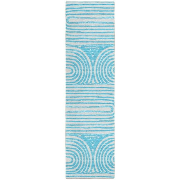 HomeRoots 561868 8 ft. Runner Teal Abstract Washable Non Skid Indoor Outdoor Runner Machine Woven Rug