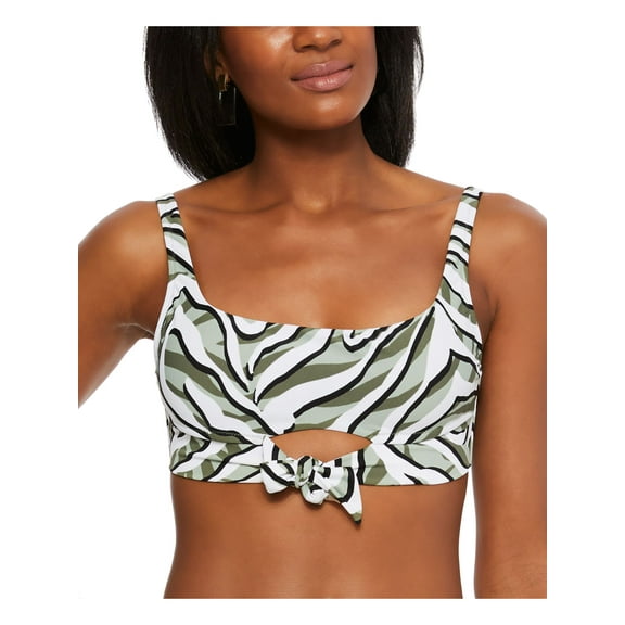 BAR III Women's Green Printed Removable Cups Tie Adjustable Cutout Hypno Beach Square Neck Swimsuit Top L