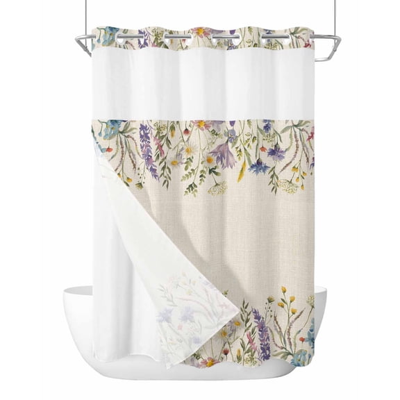 No Hook Cloth Fabric Shower Curtain with Snap in Liner, Purple Lavender Waterproof Shower Curtains Set with See Through Top Window, Spring Rustic Wildflowers Botanical Beige Bath Curtains 72"x84"