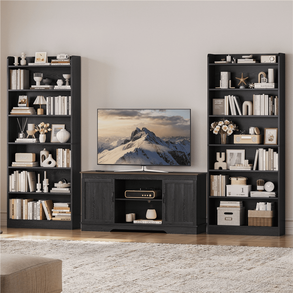 Renwick 7 Layer Modern Simple Bookshelf with Top Open Compartment, Set of 2, Black
