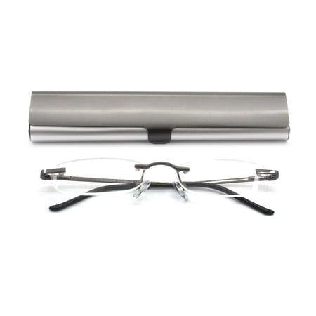 EYE ZOOM Compact Rimless Reading Glasses with Slim Gun and Silver Case for Men and Women, +2.50