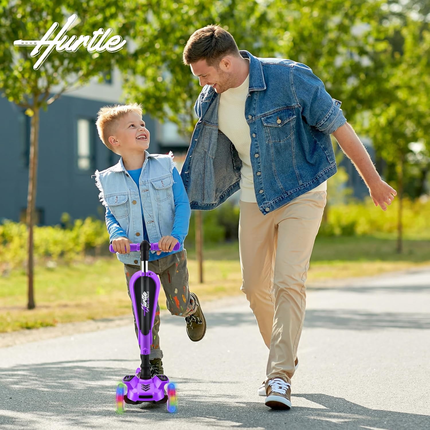 Hurtle – Trottinette Enfant 3 Roues Pliable, Roues LED Blanches, Guidon Réglable 68,5-80,5 Cm, Plateau Antidérapant – Dès 3 Ans