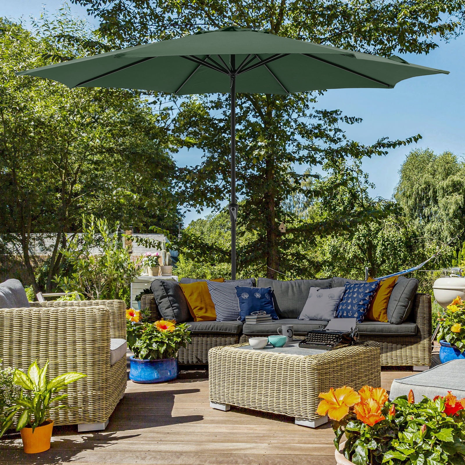 Patio Umbrella, 11' Outdoor Table Market Large Umbrella with 8 Steel Ribs and Crank, Water/Sand Self-Filled Umbrella Base Included, Dark Green