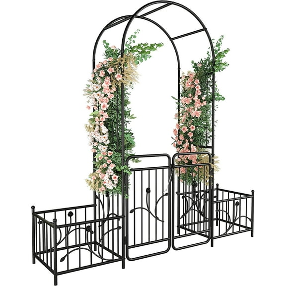 Dextrus Metal Garden Arch with Planter Boxes and Gate, Elegant Wedding Arch Climbing Plants Party Decoration for Outdoor Lawn