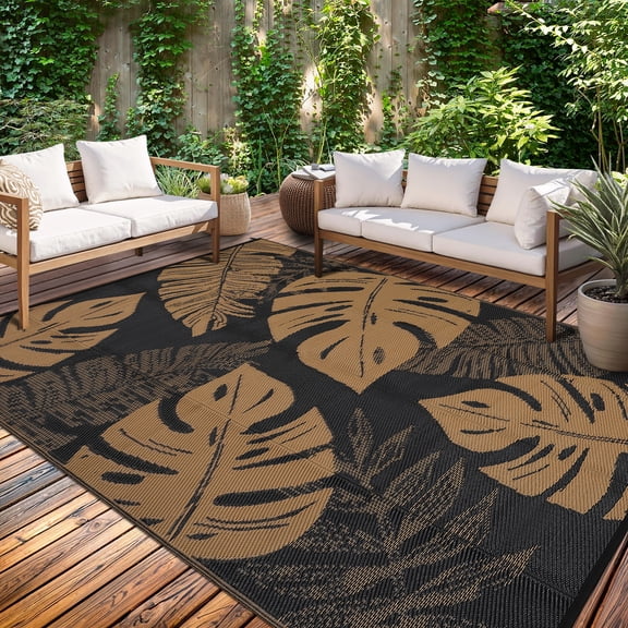 HIWEAVER 8' x 10' Black/Brown Outdoor Rug PP Plastic Straw Woven Waterproof Patio Rug with Border Portable Outside Carpet for Balcony Deck Picnic Garden Decor