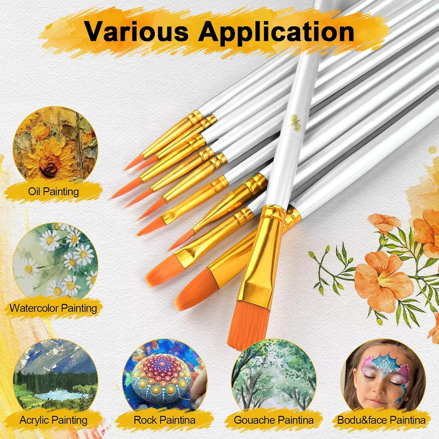 JJEAN-Acrylic Paint Brushes Set, 50Pcs Round Pointed Tip Artist Paintbrushes for Acrylic Painting Oil Watercolor Canvas Boards Rock Body Face Nail Art, Halloween Pumpkin Ceramic Crafts SuppliesWhite