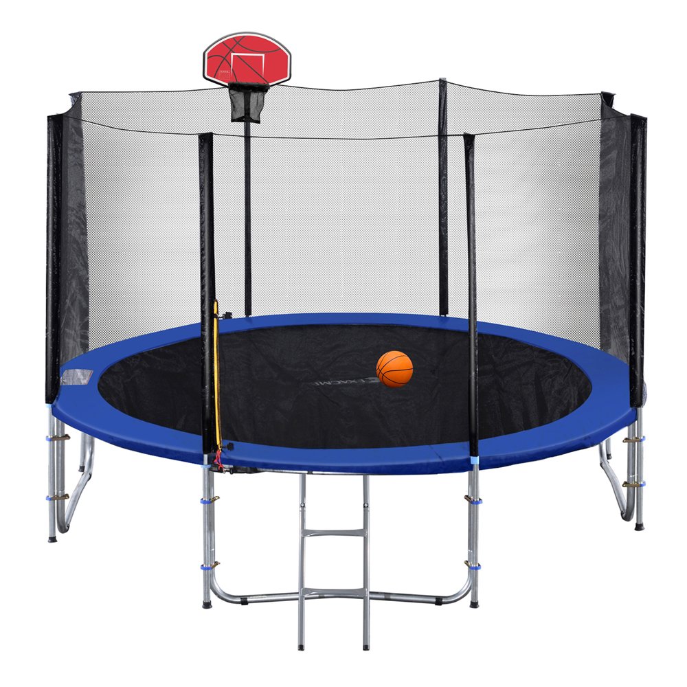 Exacme Net Ladder Basketball Hoop 10' Round Trampoline with Safety Enclosure