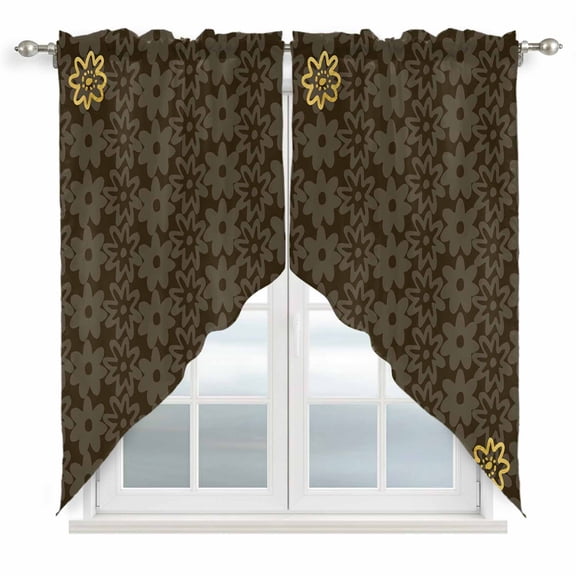 Brown Golden Floral Swag Valances for Windows 2 Pack, Kitchen Window Curtains 36 Inch Length, Modern Abstract Art Spring Flowers Privacy Swag Curtains for Living Room/Bathroom with Rod Pocket 36"x36"