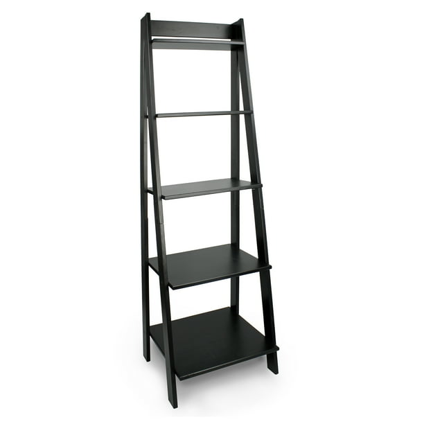 Adeptus Solid Wood 5 Shelf Ladder Bookcase Black