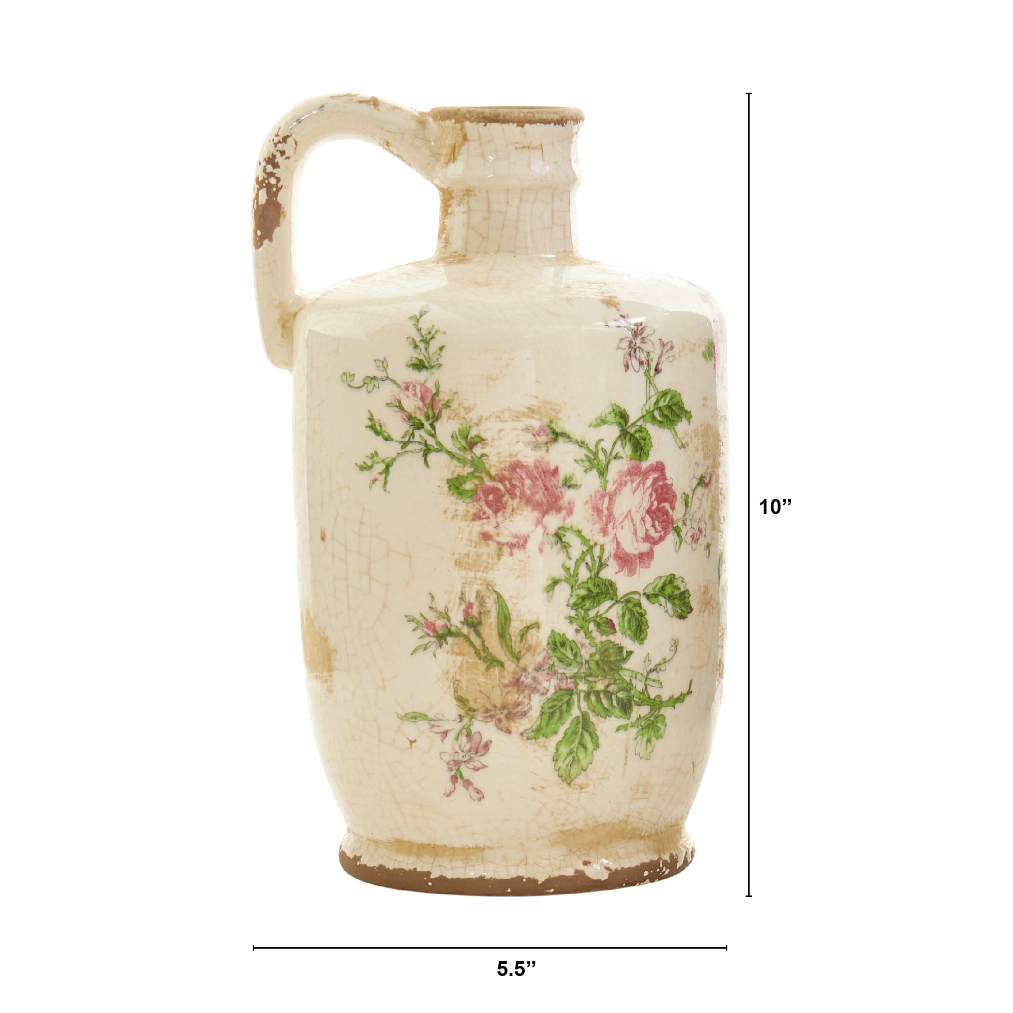 Nearly Natural White 10" Tuscan Ceramic Floral Print Pitcher