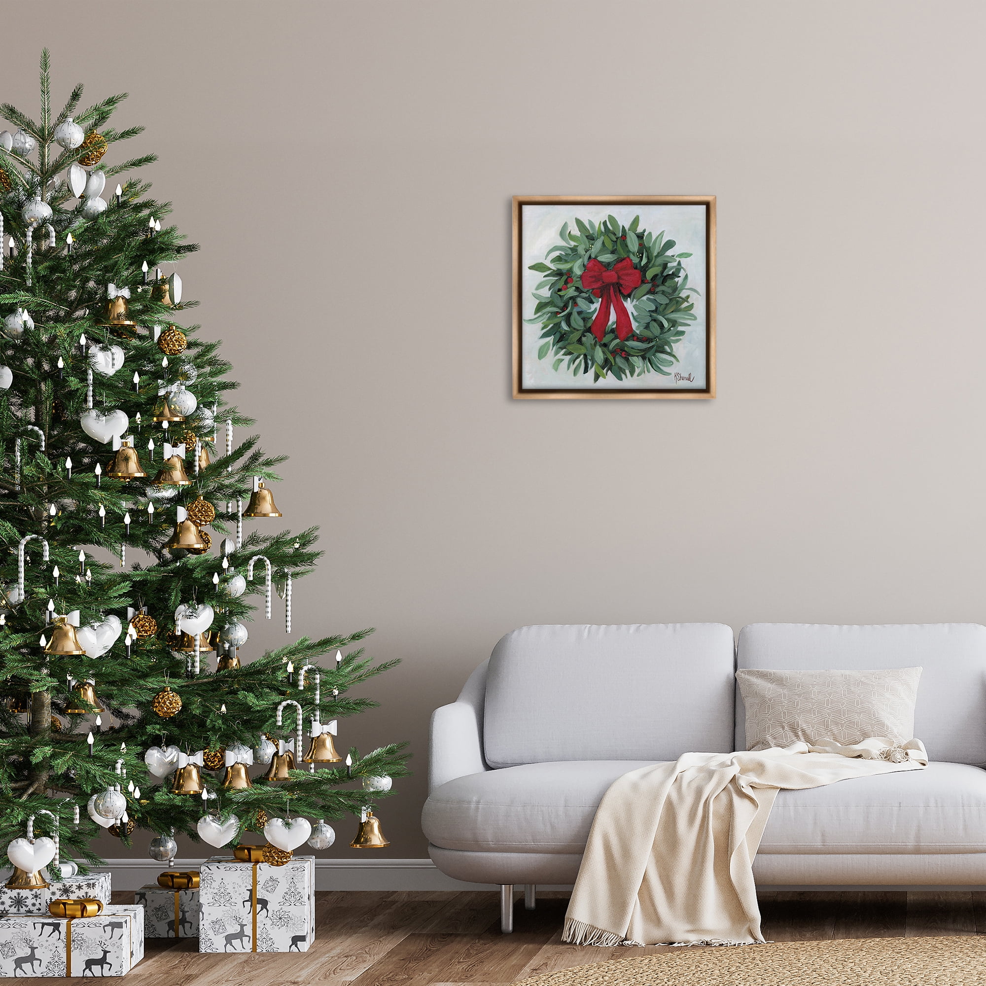 Stupell Industries Wreath with Red Bow Holiday Painting Brown Floater Framed Canvas Art Prints Wall Art, 25 x 25