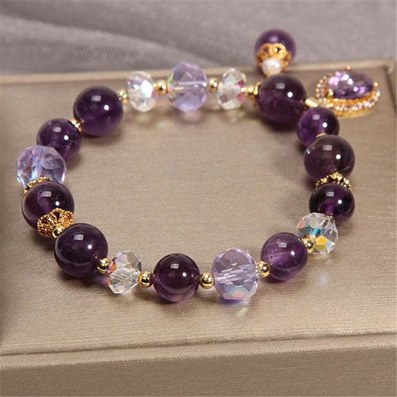 Fiaya Women Healing Crystal Beaded Bracelet, 1Pc Natural Stone Charm Bracelet, Fasion Jewelry Gift for Women Birthday Valentine Mother's Day (Purple)