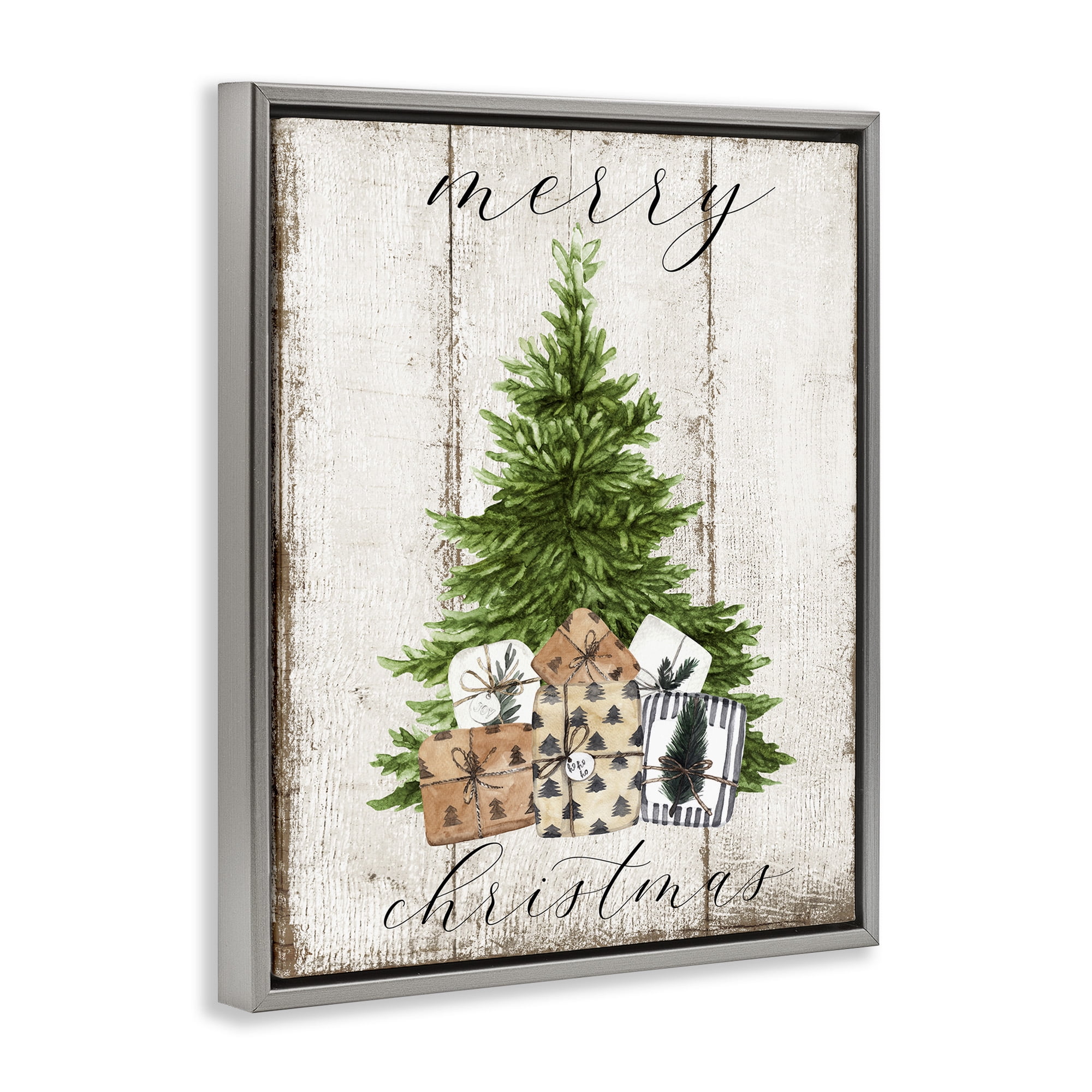 Stupell Industries Rustic Distressed Christmas Tree Holiday Painting Gray Floater Framed Canvas Art Print Wall Art, 17 x 21