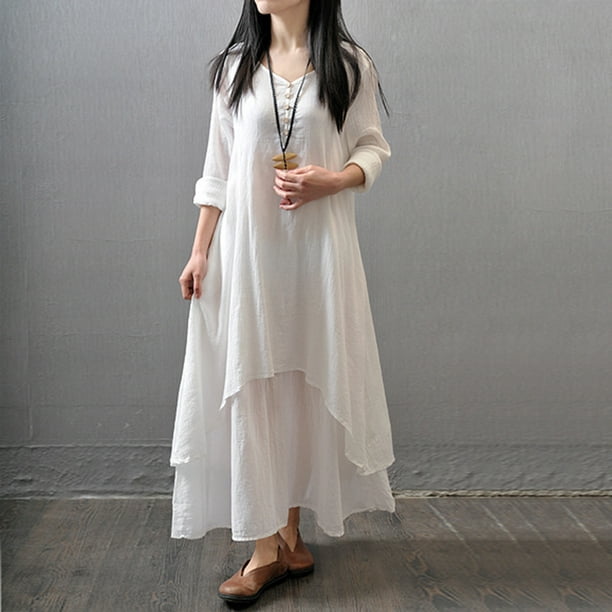 Womens Loose Fitting Long Sleeve Cotton Linen Long Dresses, Maxi