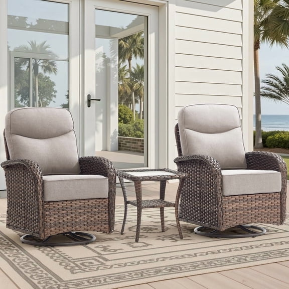Giantfurnni 3-Piece Patio Wicker Swivel Rocking Chairs with Side Table Outdoor Rattan Conversation Furniture Patio Bistro Set with 6" Thick Cushions for Porch Garden Deck, Beige