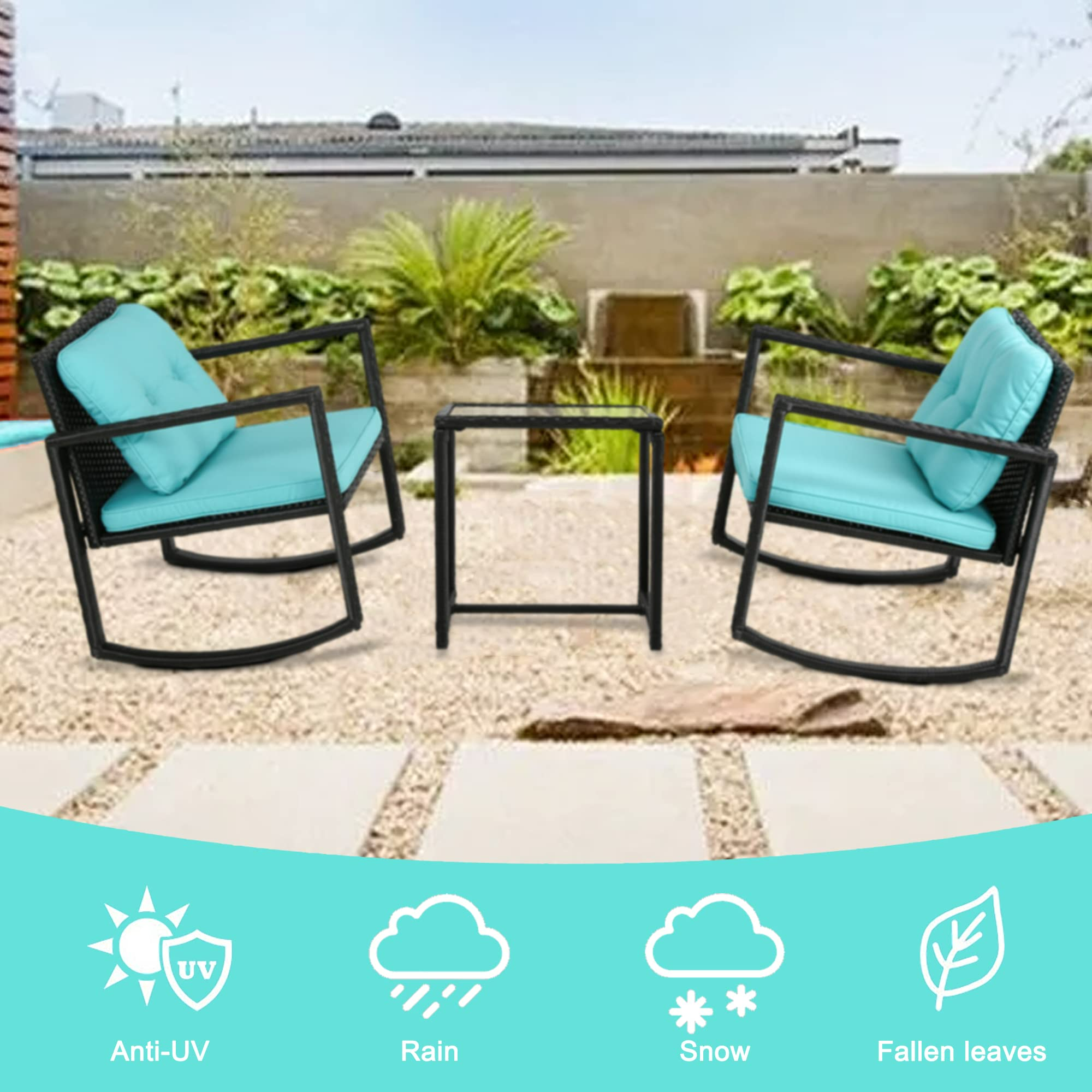 3-Piece Rocking Bistro Set Outdoor Rattan Wicker Chair with Thickened Cushion & Glass Coffee Table,Modern Wicker Patio Furniture Garden Porch Conversation Sets for Porch Lawn, Blue - image 2 of 7