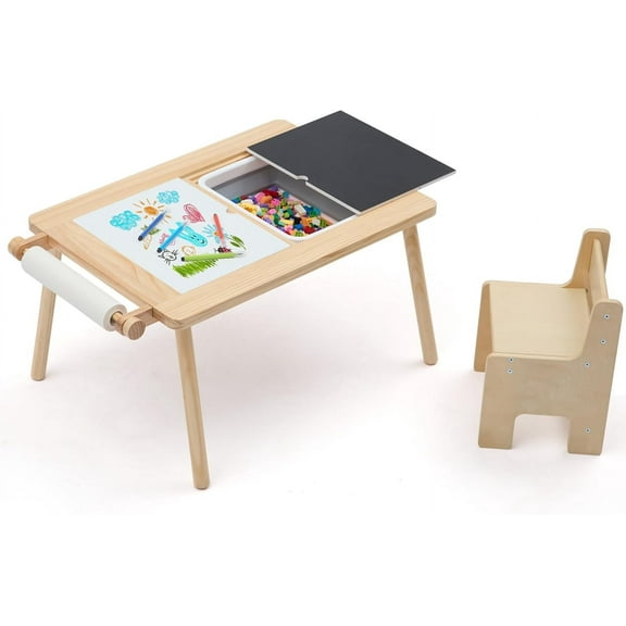Sensory Table and Chair for Toddlers 2-8, Wood Kids Activity Table with Storage Bins, Toddler Play Table with Roll Holder for Drawing Paper, Kids Art Tables with Double-Sided Graffiti