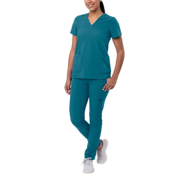 Conjunto médico Adar Addition go-Basic para mujer - Top médico delgado con cuello en V Pantalón médico tipo cargo ajustado - A9200 - azul caribeño - XL