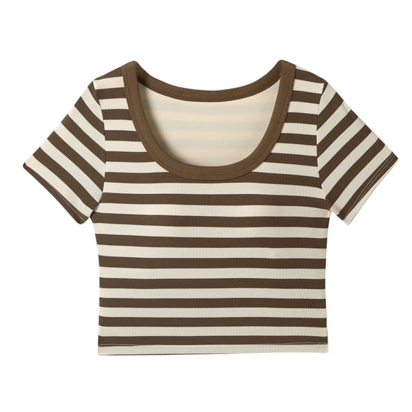 Kaemgyyd 14-20 Ans Filles Crop Tops Été Manches Courtes Col Rond T-Shirts Mode Rayé Ajusté Basique pour Enfants