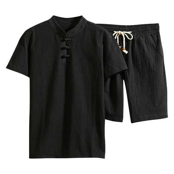 Dagegui 2 Piece Mens Casual Outfit Big and Tall Cotton Linen Set Solid Stand Neck T-Shirts and Short Pants Sets Daily Colthes Black M