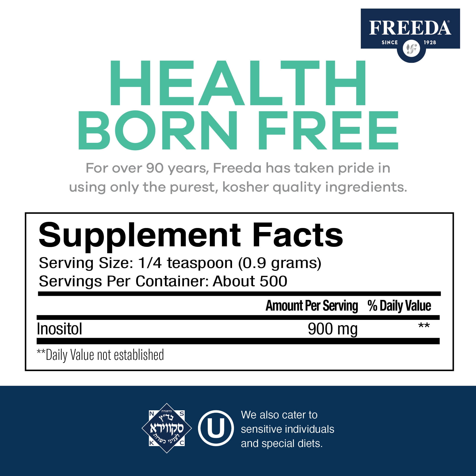 Inositol Powder for Hormonal Balance & Mood Support – Freeda Myo-Inositol Supplement – Pure Vitamin B8 for Women & Men – Kosher, Vegan, Non-GMO – 900 mg per Serving – 16 oz