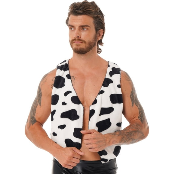 Haitryli Cowboy Costume Men Open Front Vest Cow Print Flannel Waistcoat Tops Vintage Hippie Halloween Black S