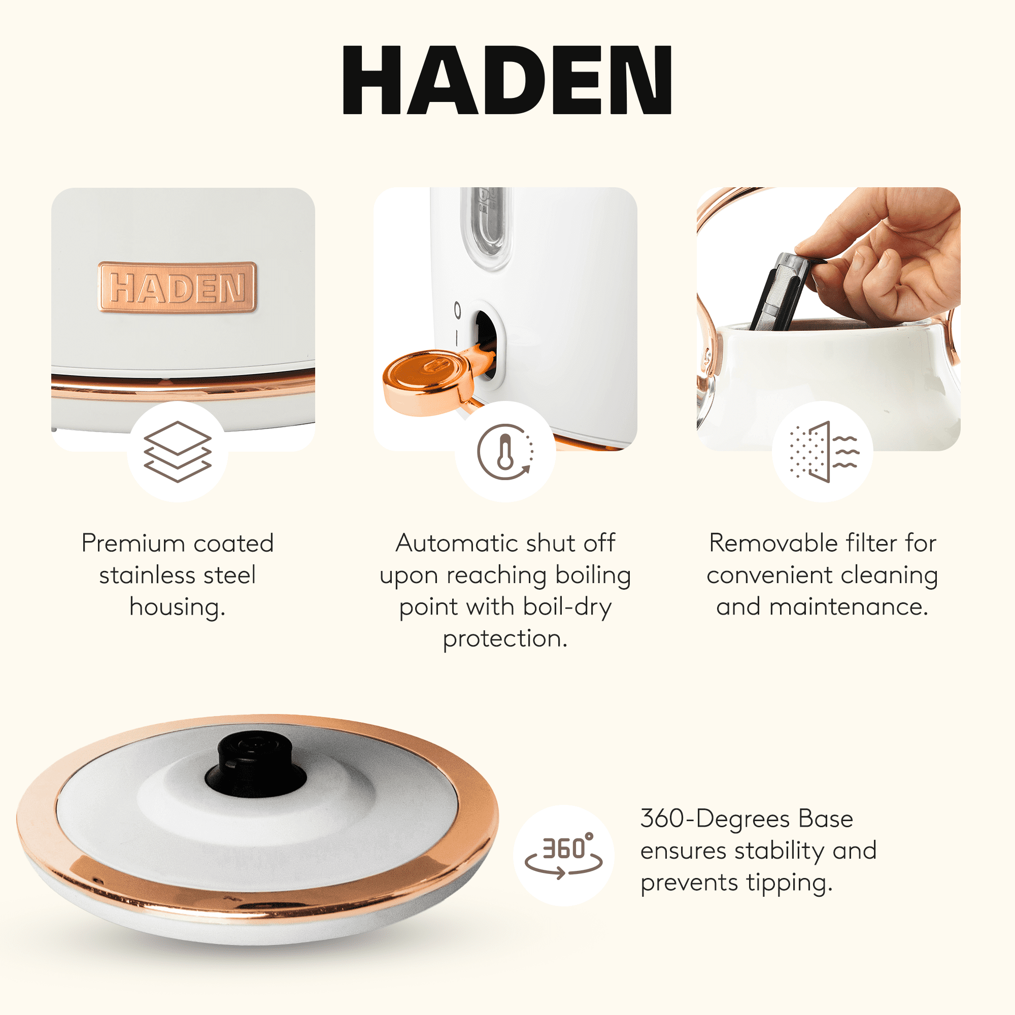 Haden Heritage 1.7 Liter Stainless Steel Electric Kettle, Ivory / Copper - 75089