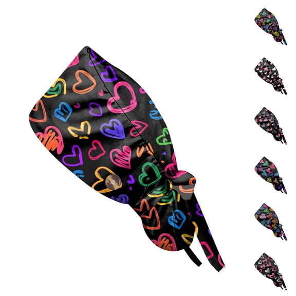 Love Heart Print Working Cap, Adjustable Surgical Scrub Hat, Casual Bouffant Head Cover for Women's Long Hair Pink