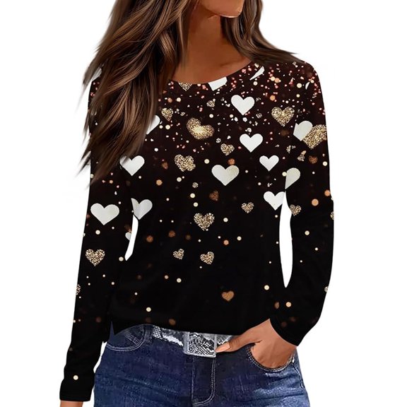 Womens Valentine'S Day Shirts Long Sleeve Crewneck Heart Print Design Comfort Style Sweaters for Womens,Black,3XL