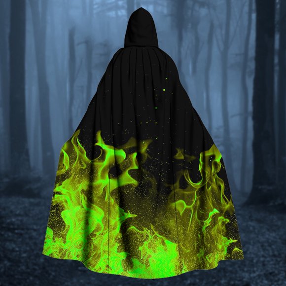 Capa unisex para mujer, larga, con capucha, para disfraz de cosplay, con estampado de llamas, para Halloween