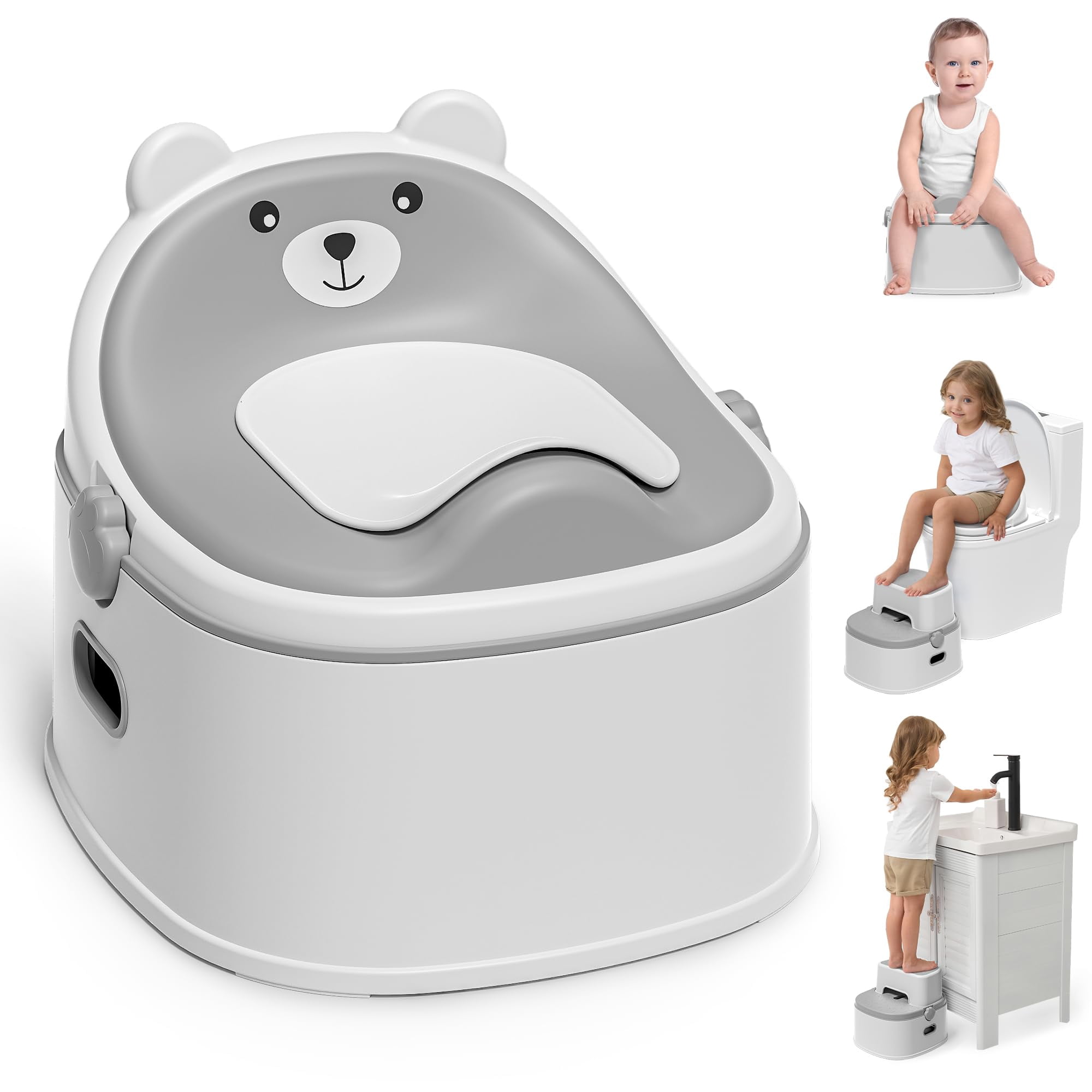 Soluxeo 3-in-1 Portable Potty Training Toilet, Potty Training Seat and Toddler Step Stool, Easy Setup and Clean, Anti-Slip Toddler Potty Trainer for Boy Girl
