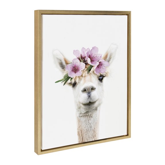 Kate and Laurel Sylvie Flower Crown Alpaca Framed Canvas Wall Art by Amy Peterson Art Studio, 18x24 Bright Gold, Cute Animal Art for Wall Decor