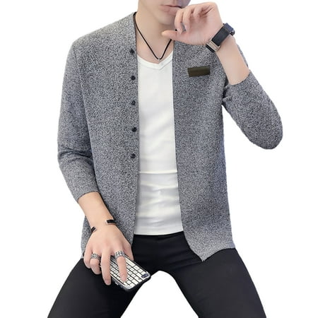 

Lohuatrd Men Knitted Cardigan Coat Single-breasted Long Sleeve Solid Color Slim Fit Elastic Thick Warm Stand Collar Badge Decor Casual Mid Winter Fall Sweater Coat