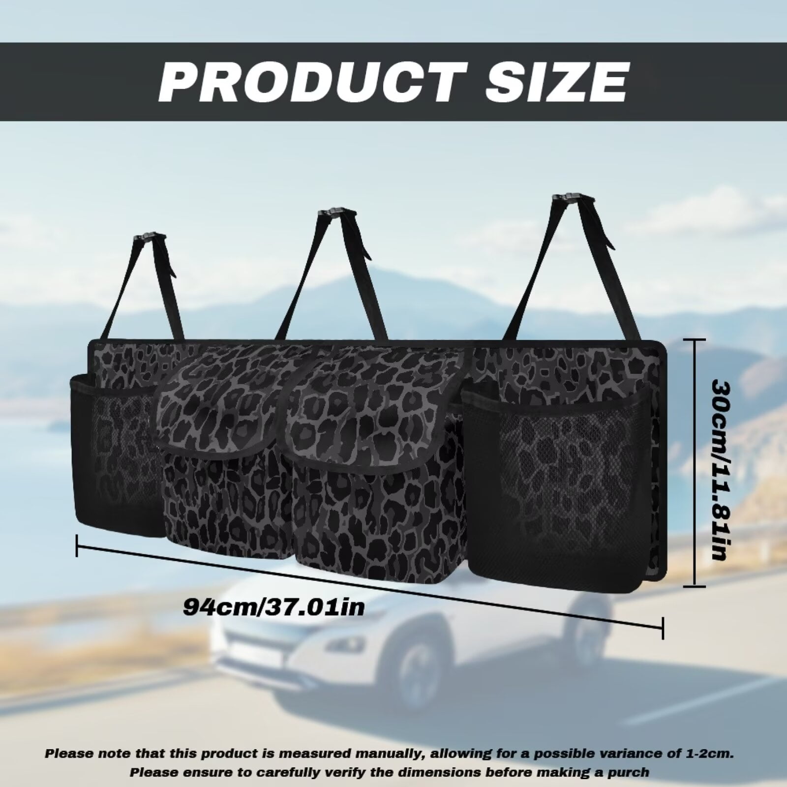 KUIFORTI Car Trunk Organizer Small SUV Trunk Organizers and Storage, Balck Leopard Print Car Organization Women Stylish Car Accessories with 4 Pockets, Leave Room for Buying and Shopping