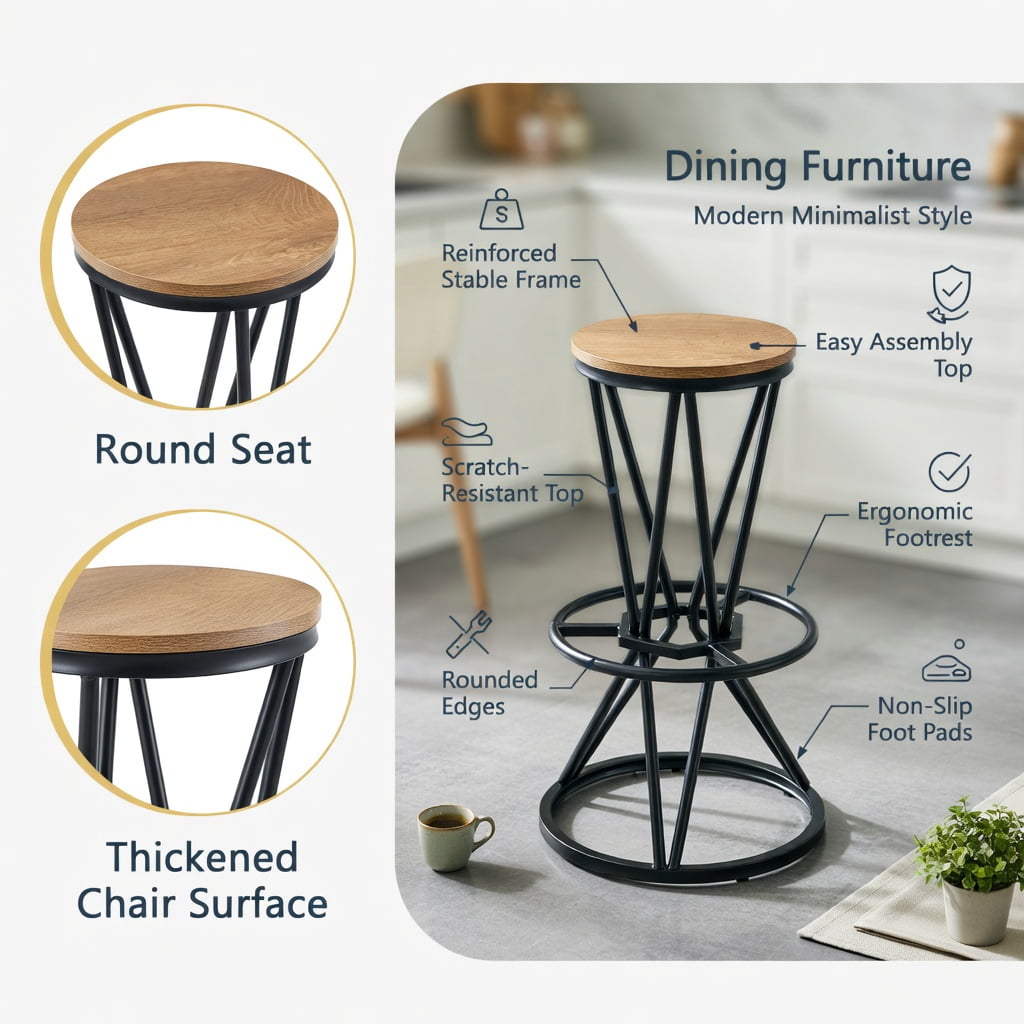 Hommoo Industrial Style 31.5-inch Wood Grain Bar Set, Metal Frame Round Table & 2 Matching Bar Stools for Kitchen Island, Small Apartment, or Home Bar, Natural & Black