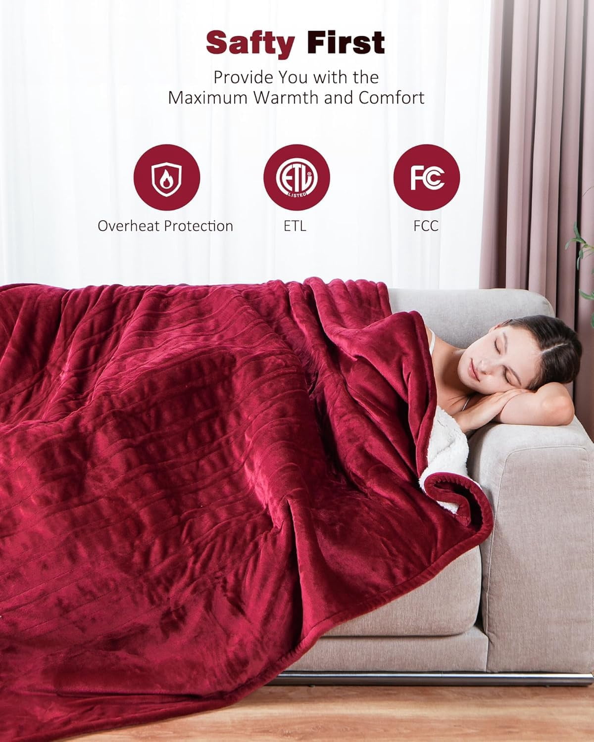 Ocuuziisu Electric Heated Blanket Throw Blanket 50" x 60" Flannel and Sherpa Electric Blanket with Buttons, 9 Heating Levels, Auto-off, Machine Washable, Red