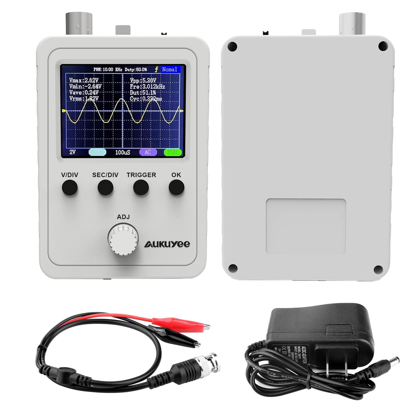 Aukuyee 2.4" TFT Handheld Oscilloscope, Mini Digital Portable Multimeter Audio Scope Tester Kit with BNC Clip Probe, Power Supply