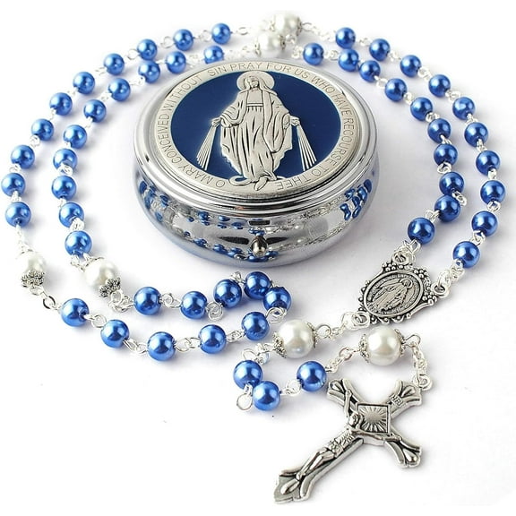 6mm Glass Bead Rosary with 8mm Our Father Beads, Catholic Chain in Miraculous Metal Gift Box, First Communion and Personalised Blue Rosary